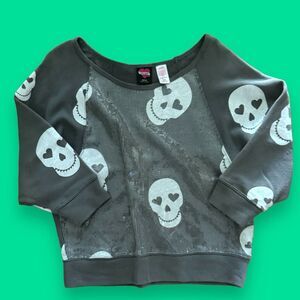 Hard Candy Top Sz M 7-9 Gray Sugar Skulls Heart Sequins Crop Top Raglan Sleeves